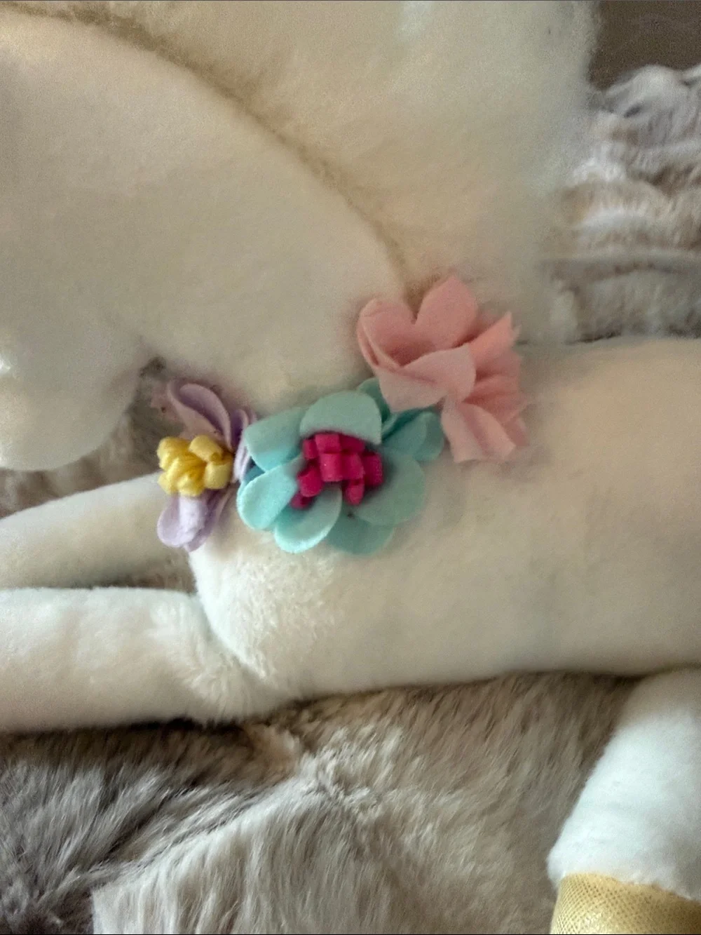 White Plush Unicorn with Flower Necklace with Gold Horn & Hooves